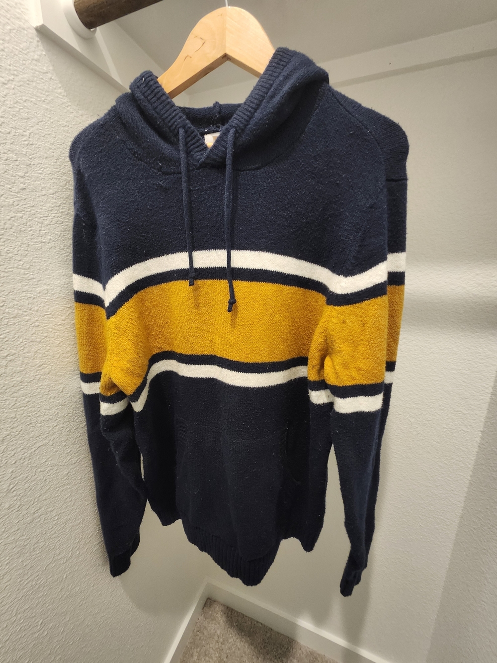 Old Navy Navy and Mustard Striped Hooded Crewneck Sweater